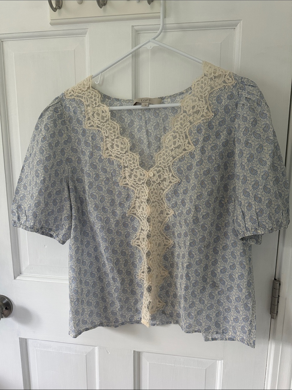 LOFT Cream-Trim Blue Paisley V-Neck Blouse